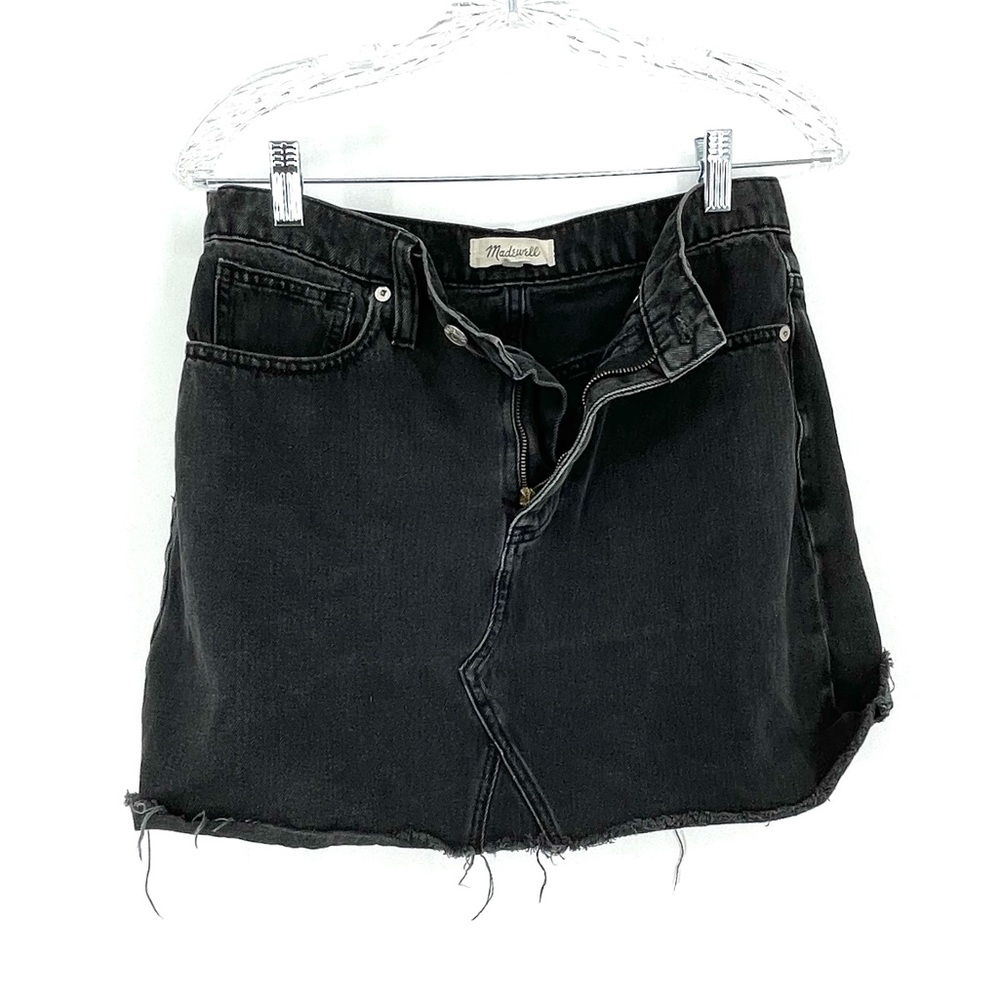 😎Madewell Classic Black Raw Hemmed Denim Lunar Wash Mini Skirt High Waist 28